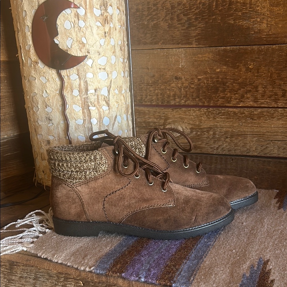 Women's Brown Suede Ankle Booties with Knit Collar
